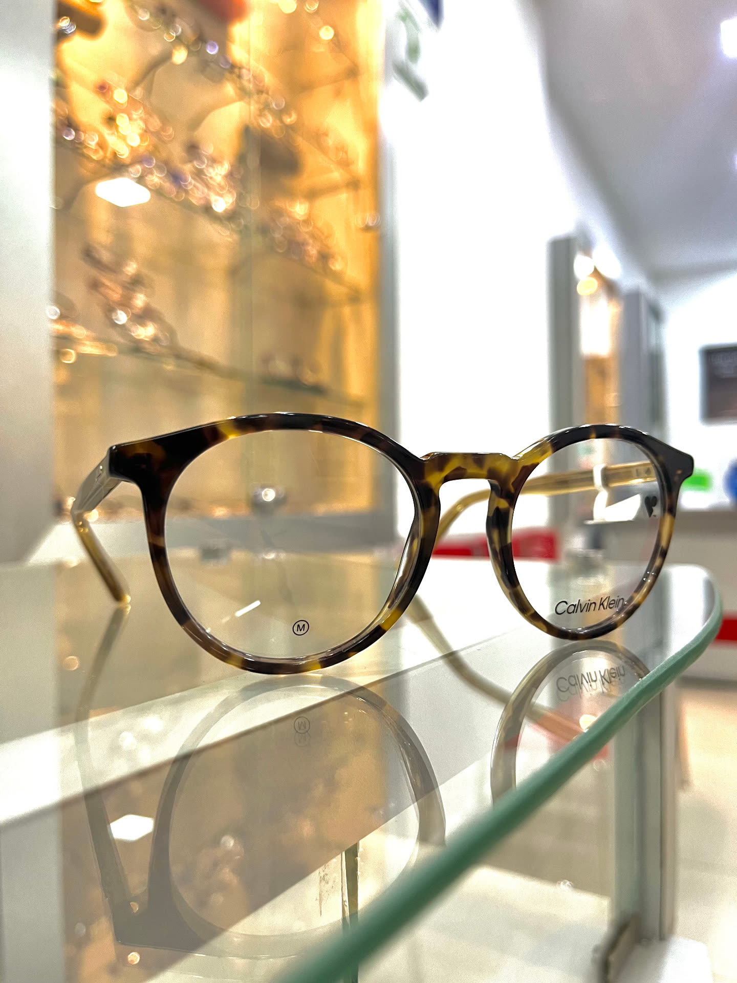 Montura para gafas con lentes progresivos exhibida en Óptica Apolo, Bulevar Niza